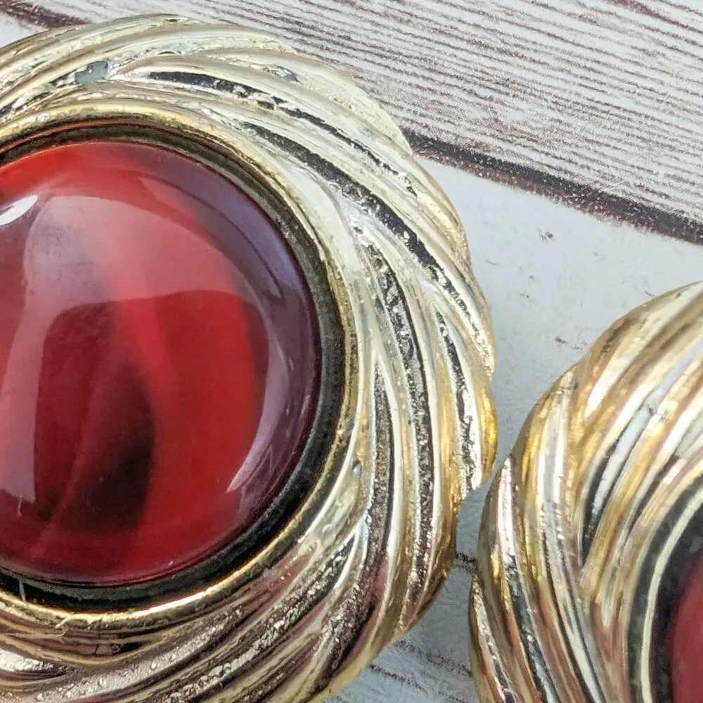 Vintage Clip On Earrings - Large Statement Redish with Gold Tone Halo